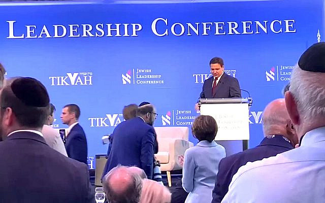 Florida Governor Ron Desantis speaks at the Jewish Leadership Conference at Chelsea Piers on Sunday. (Screenshot)