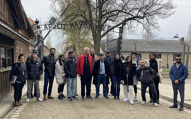 A group of young leaders from Lebanon, Syria, and Gulf countries join the Sharaka organization on the March of the Living, visiting Auschwitz, April 27, 2022. (Yaakov Schwartz/ Times of Israel)