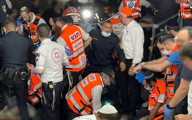 Rescuers at Mount Meron, shortly after the deadly Mount Meron crowd crush that killed 45 men and boys and injured around 150. August 30, 2021. (courtesy of United Hatzalah)