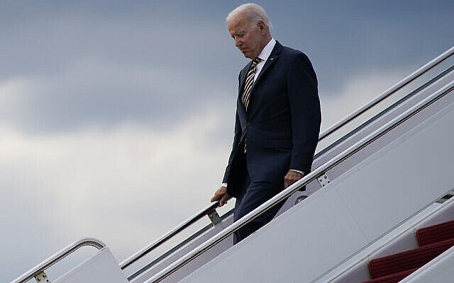 FILE - President Joe Biden arrives at Andrews Air Force Base after delivering remarks in Cleveland about the American Recovery Act, Wednesday, July 6, 2022, in Andrews Air Force Base, Md. Once-unthinkable coordination between Israeli and Arab militaries is coming into greater focus as Joe Biden heads into his first Middle East trip as president. (AP Photo/Evan Vucci, File)