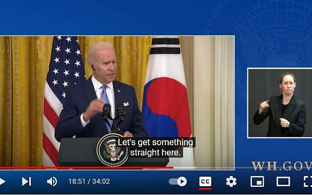 President Biden at a press conference on May 21, 2021, responding to a reporter’s question about the Israeli-Arab conflict. Recording time: 18:51 minutes.