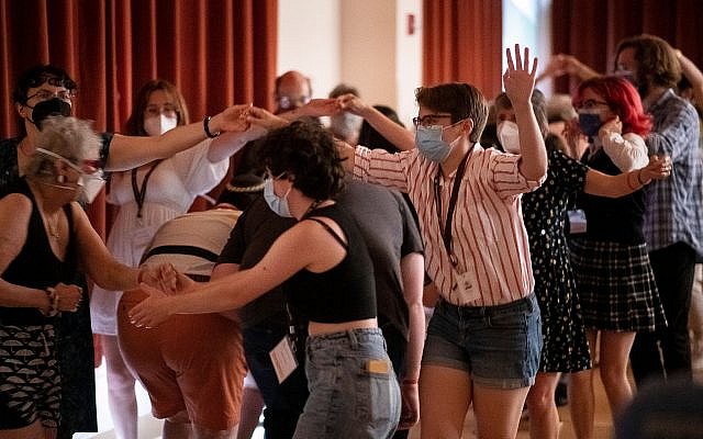 A dance workshop at Yidstock, held at the Yiddish Book Center in Amherst, Massachusetts, July 7-10, 2022. (Ben Barnhart, via JTA)