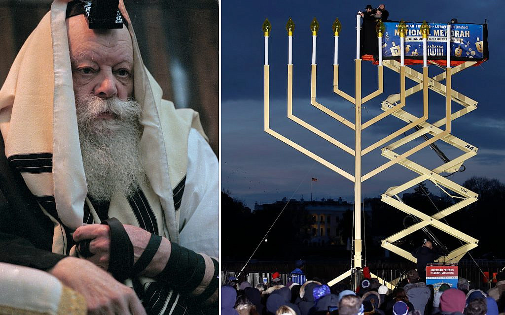 Left: Lubavitch Rabbi Menachem Schneerson at morning prayers at Lubavich headquarters in Brooklyn, N.Y., in March 1992.(AP Photo/Mike Albans); Right: From left, Rabbi Levi Shemtov, Rabbi Abraham Shemtov, and National Economic Director Gary Cohn, light the Menorah during the annual National Menorah Lighting, in celebration of Hanukkah, on the Ellipse near the White House in Washington Dec. 12, 2017. (AP Photo/Carolyn Kaster)