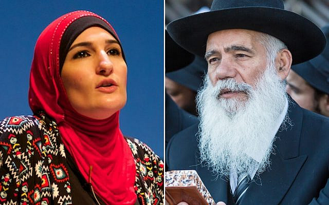 Activist Linda Sarsour (left) attributes her 'person of color' status to the fact that she wears a hijab. (photo via Wikimedia). Right, illustrative: Emissaries at the International Conference of Chabad-Lubavitch Emissaries Kinus Hashluchim, in Brooklyn, NY on November 8, 2015. (iStock)