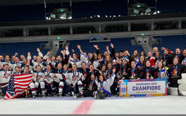 The US, Israel and Canada delegations came together for a picture after the inaugural women's hockey title game. Photo by Zach Gershman/Maccabi Media