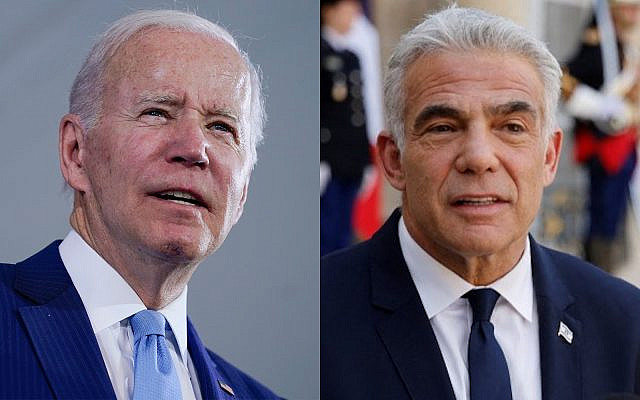Left: US President Joe Biden speaks at a change of command ceremony at US Coast Guard headquarters, June 1, 2022, in Washington. (AP Photo/Evan Vucci)
Right: Prime Minister Yaïr Lapid makes a statement following his meeting with French President Emmanuel Macron at the Elysee palace in Paris, on July 5, 2022. (Ludovic MARIN / AFP)