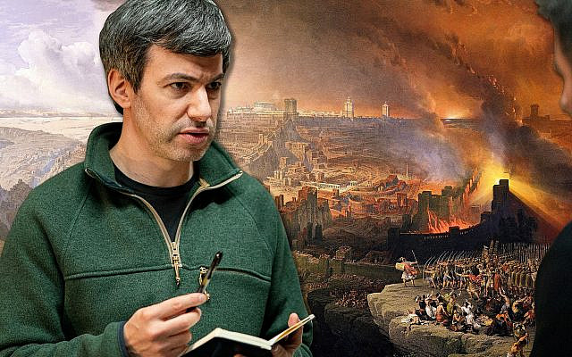 Nathan Fielder, the creator of 'The Rehearsal' (courtesy of HBO). 'Siege and Destruction of Jerusalem by the Romans,' 1850 painting by David Roberts. (Wikipedia) (JTA collage by Mollie Suss)