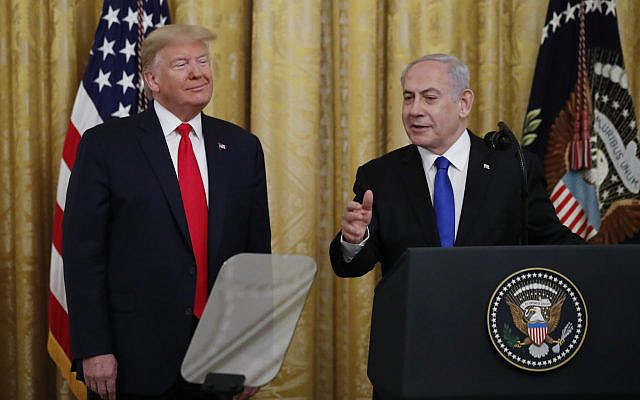 Israeli Prime Minister Benjamin Netanyahu speaks during an event with President Donald Trump in the East Room of the White House in Washington, January 28, 2020, to announce the Trump administration's much-anticipated plan to resolve the Israeli-Palestinian conflict. (Times of Israel - AP Photo/Alex Brandon)