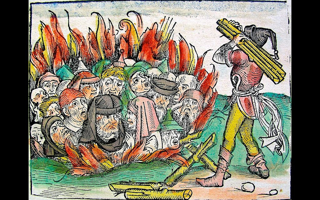 Woodcut from the Nuremberg Chronicle (1493) depicting Jews being burned alive for alleged host desecration in Deggendorf, Bavaria, in 1338, and in Sternberg, Mecklenburg, 1492. (Wikimedia Commons)