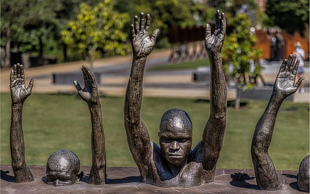 Nkyinkyim Installation, which stands at the entrance of the National Memorial for Peace (Montgomery, Alabama), And dedicated to the Africans who perished in the Atlantic Ocean during slave trade. (David Altschul)