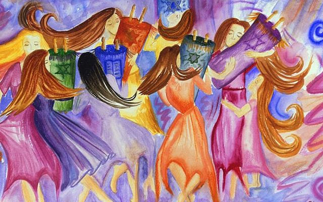 Women dancing with Torah scrolls. (Facebook)