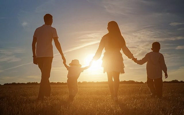 Illustrative. A family of four walks hand-in-hand in a sunlit field. (iStock)