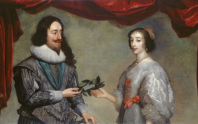 Charles (l) handing a laurel wreath to Henrietta Maria, by Daniël Mijtens, c. 1631. (Public Domain/ Wikimedia Commons)