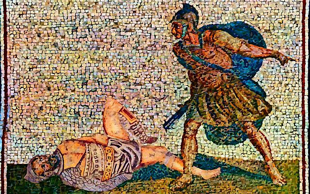 Mosaic: Caesar the Conqueror; 2 images merged, colorized, and modified by the author, obtained from Wikimedia Commons-- Archimedes and Roman Soldier, and gladiators, in the public domain.