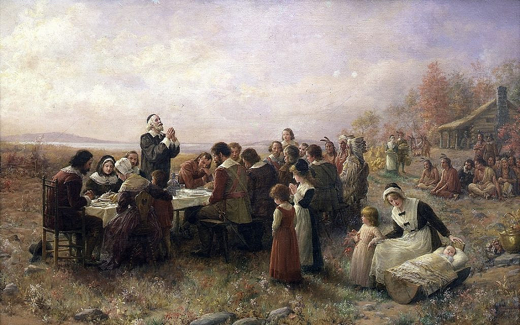 'The First Thanksgiving at Plymouth,' by Jennie Augusta Brownscombe, 1914, Pilgrim Hall Museum, Plymouth, Massachusetts. (Wikipedia)