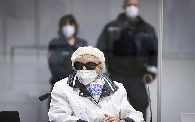 Defendant Irmgard Furchner, 96 at the time, sits in the courtroom at the beginning of her trial in Itzehoe, Germany, November 9, 2021. (Christian Charisius/Pool via AP)