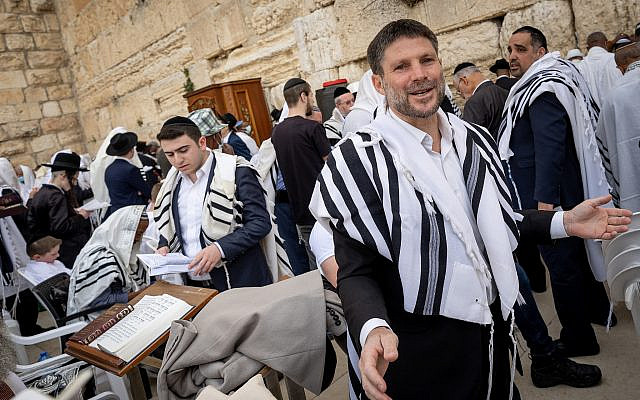 Religious Zionist Party head MK Bezalel Smotrich attends the Cohen Benediction priestly blessing at the Western Wall, Judaism's holiest prayer site, during the Jewish holiday of Passover, April 18, 2022. (Yonatan Sindel/Flash90)