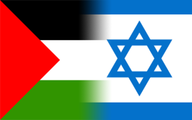 Juxtaposed Palestine & Israel flags with intermediate blurred zone (WikiMedia Commons/Yellowblood)