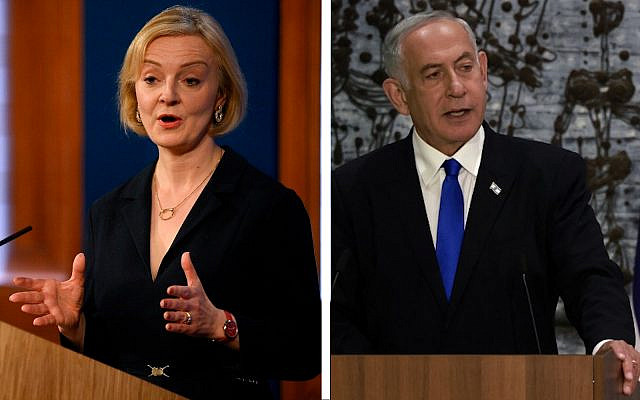 Left: Britain's Prime Minister Liz Truss attends a press conference in the Downing Street Briefing Room in central London, October 14, 2022, following the sacking of the finance minister in response to a budget that sparked markets chaos. (Daniel Leal/Pool Photo via AP)
Right: Benjamin Netanyahu gives a statement after President Isaac Herzog tasks him with forming a new government, at the President's Residence in Jerusalem, on November 13, 2022. (Menahem Kahana / AFP)