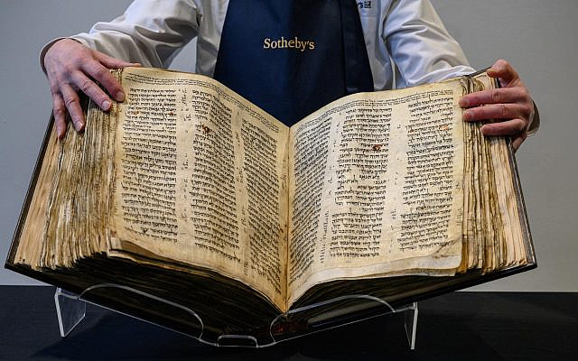 The 'Codex Sassoon' Bible is displayed at Sotheby's in New York on February 15, 2023. (Ed Jones/AFP)