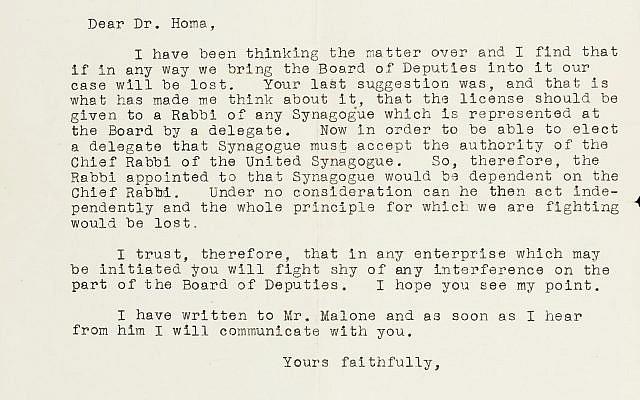 The 1930 letter of the former Haham of the Sephardi community, Dr Moses Gaster, to Dr B Homa of the Union of Orthodox Hebrew Congregations objecting to the Chief Rabbinate being given the authority to licence Shochtim