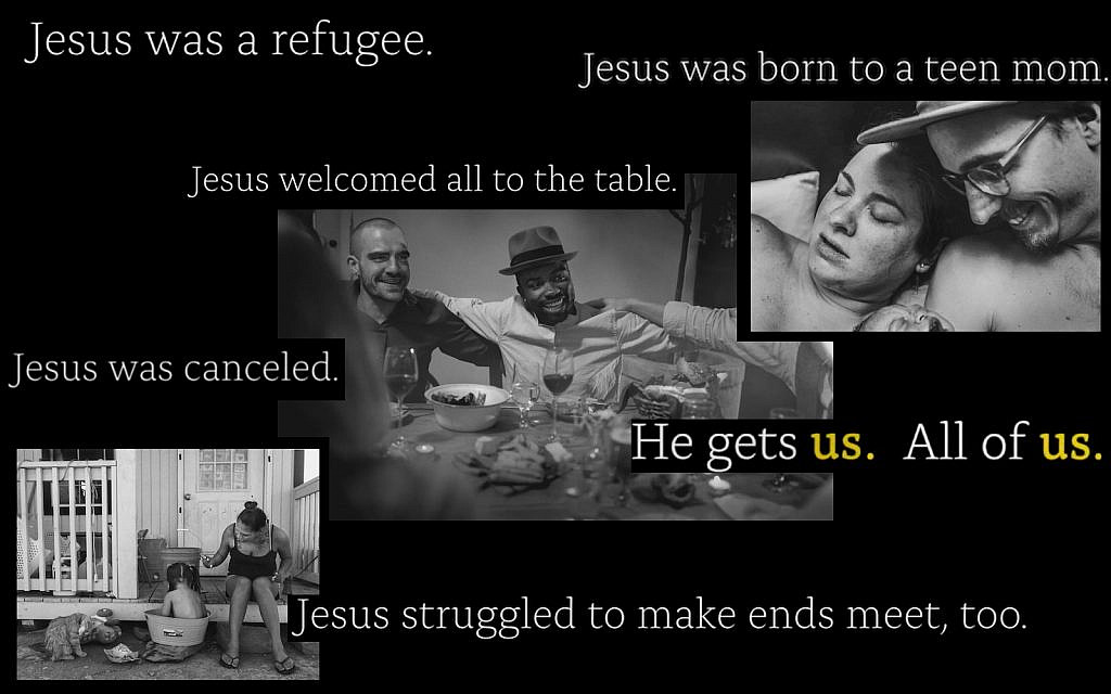 Montage of images and slogans in screenshots from the 'He Gets Us.' ad campaign (The Times of Israel)