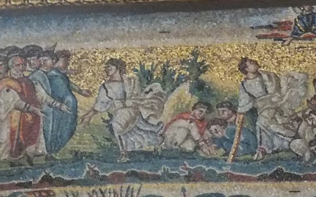 Moses sweetens the waters at Mara. From the nave mosaic at Santa Maria Maggiore, Rome.