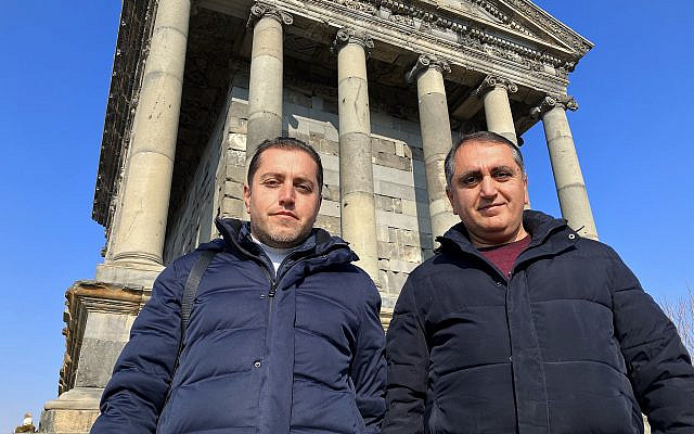 Armenian Jewish brothers Artak and Haik Maghakyan in front of Garni Temple, the only surviving example of Greco-Roman architecture anywhere in the former Soviet Union. The two men run Gardman Tour, which specializes in adventure tourism for Israelis. (Photo by Larry Luxner)