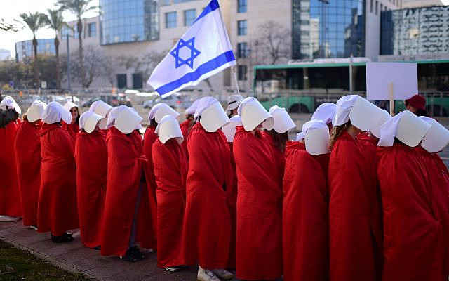 Women protest against the government's planned judicial overhaul, in Tel Aviv on February 20, 2023. (Tomer Neuberg/ Flash90)