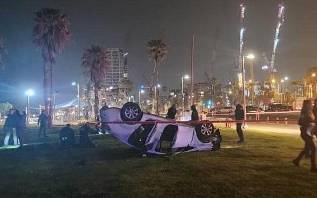 Aftermath of the terror attack in Tel Aviv's Charles Clore Park which left one dead and multiple injured after the suspect rammed his car into a group of pedestrians before opening fire on those gathered nearby.