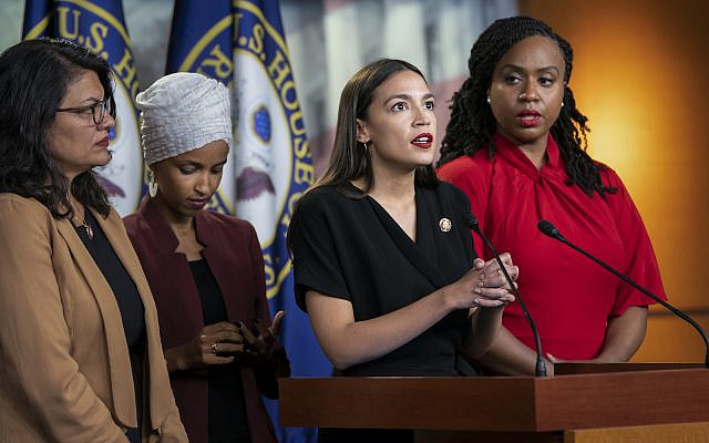 From left, Rep. Rashida Tlaib, D-Mich., Rep. llhan Omar, D-Minn., Rep. Alexandria Ocasio-Cortez, D-N.Y., and Rep. Ayanna Pressley, D-Mass. during a news conference at the Capitol in Washington, July 15, 2019. (AP Photo/J. Scott Applewhite)