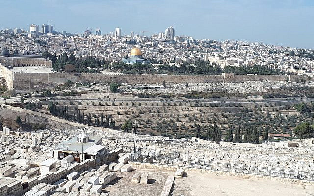 View of Jerusalem from the top of the Mount of Olives.  The Dome of the Rock stands out gleaming on the Temple Mount
