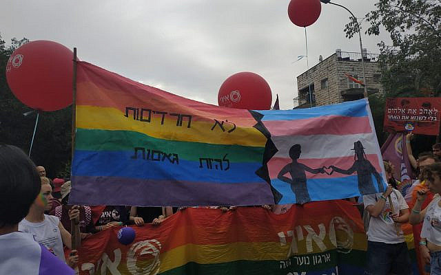 A banner from the parade reading "Not [afraid] to be proud", using a play on the word 'Haredim', Ultra Orthodox. Photo: Talia Kainan