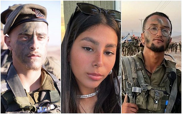 Staff Sgt. Ohad Dahan, 20 (left), Sgt. Lia Ben Nun, 19 (center) and Staff Sgt. Ori Yitzhak Iluz, 20, combat soldiers in the IDF's Bardelas and Caracal battalions who were shot dead on the Egyptian border on June 3, 2023. (Israel Defense Forces)