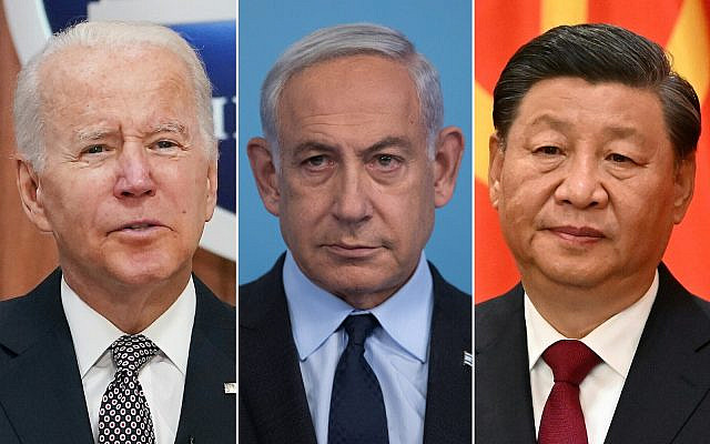 From left: US President Joe Biden,
Prime Minister Benjamin Netanyahu, Chinese President Xi Jinping
(Mandel Ngan/AFP; Alex Kolomoisky/Pool/Flash90; Noel Celisa/AFP)