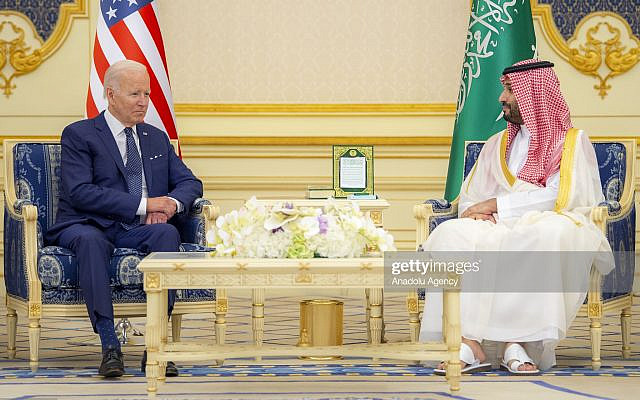 JEDDAH, SAUDI ARABIA - JULY 15: (----EDITORIAL USE ONLY â MANDATORY CREDIT - "ROYAL COURT OF SAUDI ARABIA / HANDOUT" - NO MARKETING NO ADVERTISING CAMPAIGNS - DISTRIBUTED AS A SERVICE TO CLIENTS----) US President Joe Biden (L) meets Saudi Arabian Crown Prince Mohammed bin Salman (R) at Alsalam Royal Palace in Jeddah, Saudi Arabia on July 15, 2022. (Photo by Royal Court of Saudi Arabia/Anadolu Agency via Getty Images)