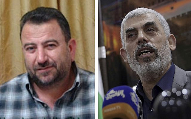 Hamas operative Saleh al-Aruri, left (Youtube screenshot)a and Yahya Sinwar, head of Hamas in Gaza, April 30, 2022. (AP Photo/Adel Hana).