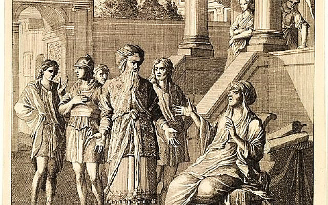 Huldah the Prophetess consulted by Hilkiyahu the high priest on behalf of King Josiah. Print by Caspar Luyken, 1708. Source: Wikimedia Commons.