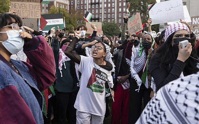 Pro-Palestinian demonstrators gather for a protest at Columbia University, Thursday, Oct. 12, 2023, in New York. (AP Photo/Yuki Iwamura, File)