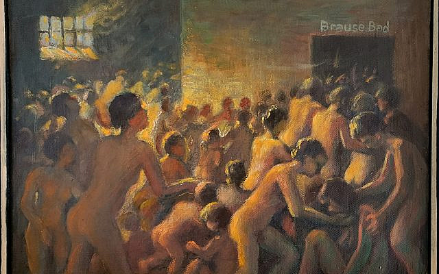 Victims of the Gas Chambers of Auschwitz-Birkenau in Poland. 1945 oil painting by David Friedmann (1893-1980) fom his series, Because They Were Jews! Brausebad means "shower bath" but this was a gas chamber.