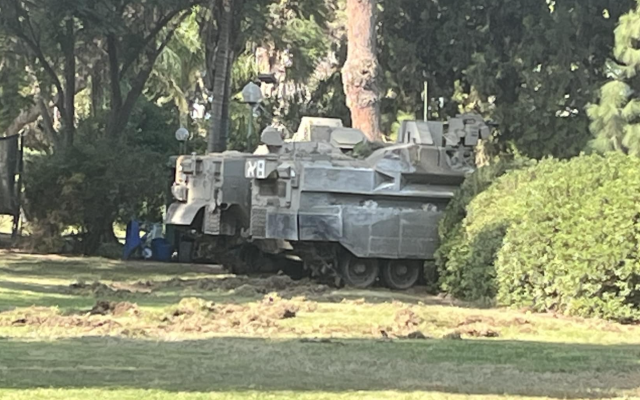 IDF armored personnel carriers on the grounds of Kibbutz Kfar Aza.  Photo(c) Ralph Lewinsohn, Kibbutz Kfar Aza resident, 2023