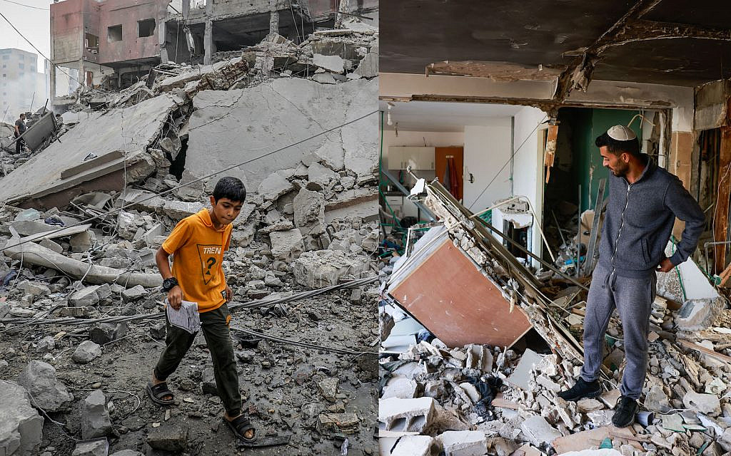 Left: Palestinians search the Khan Yunis municipality building after an Israeli air strike, in the city of Khan Yunis, in the Gaza Strip, on October 10 2023. (Abed Rahim Khatib/Flash90); Right: The scene in Ashkelon, where a rocket fired from the Gaza Strip by Palestinian terrorists hit an apartment building. October 9, 2023. (Chaim Goldberg/Flash90): (Composite image by The Times of Israel)