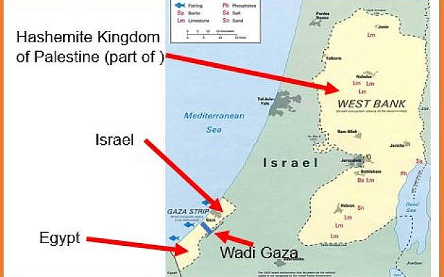 The Gaza Strip undone: north of Wadi Gaza under Israeli rule, south of Wadi Gaza under Palestinian rule, and heavily dependent on Egypt for all its needs. (Map source: The Central Intelligence Agency of the US. Additional text and arrows added by the author)