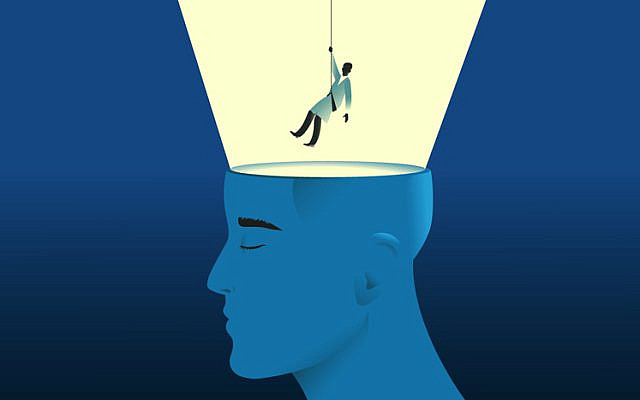 Doctor descends into human head as alpinist. Psychology and mental health concept. Vector ullustration.