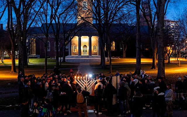 A  view of the menorah lighting ceremony of Harvard's Jewish community on December 13, 2023, in Harvard Yard, Cambridge, Massachusetts.  (Andrew Lichtenstein/Corbis via Getty Images)