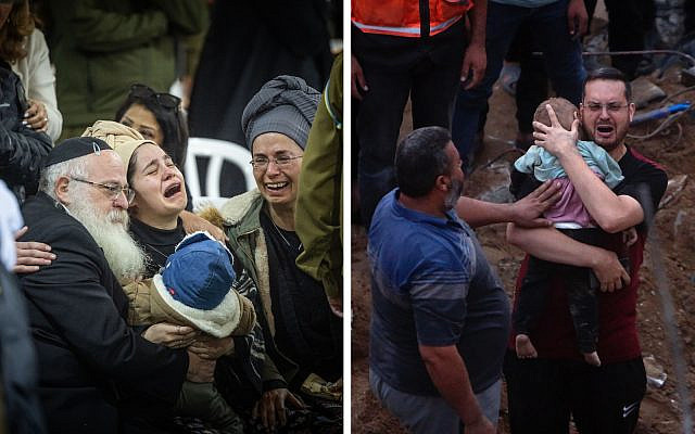 Left: Family and friends of Israeli soldier Sgt. Elisha Yehonatan Lober attend his funeral at the Mount Herzl Military Cemetery in Jerusalem on December 27, 2023, Yehonatan fell in battle in the Gaza Strip. (Yonatan Sindel/Flash90) Right: A Palestinian man cries while holding a dead child found under the rubble of a destroyed building following Israeli airstrikes in Nusseirat refugee camp, central Gaza Strip on Oct. 31, 2023. (AP Photo/Mohammed Dahman)