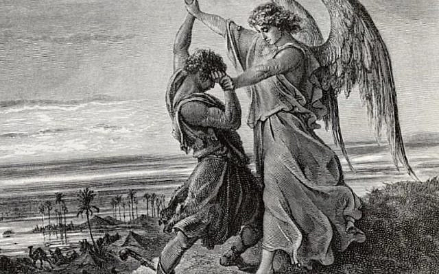The Biblical patriarch Jacob - renamed as Israel - wrestling an angel of the Lord by the Jabbok River. Illustration by Gustave Dore.