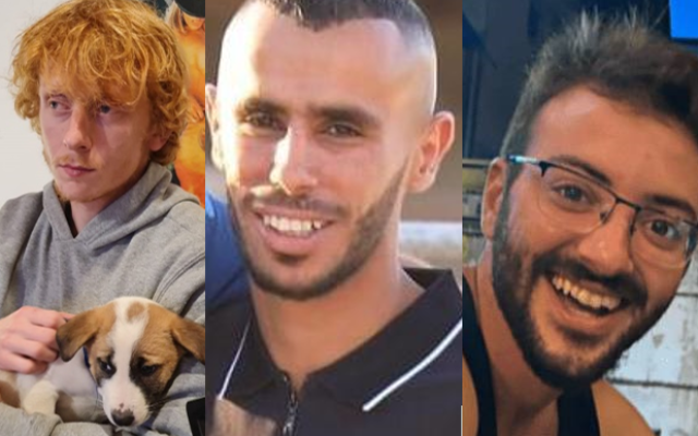 The three hostages mistakenly killed by IDF soldiers December 15, 2023 (photos courtesy of The Hostages and Missing Persons Families Forum headquarters).