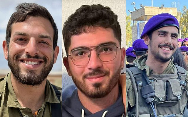 Today's fallen soldiers: L to R: Lt. Yaron Eliezer Chitiz; Staff Sgt. Itay Buton; Staff Sgt. Efraim Jackman, on December 27, 2023. (Israel Defense Forces, via The Times of Israel)
