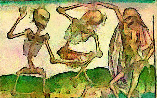 Dance of Death; image colorized and modified by the author, obtained from Wikimedia Commons, from the Nuremberg Chronicle, Library of Congress edition, p600, in the public domain.